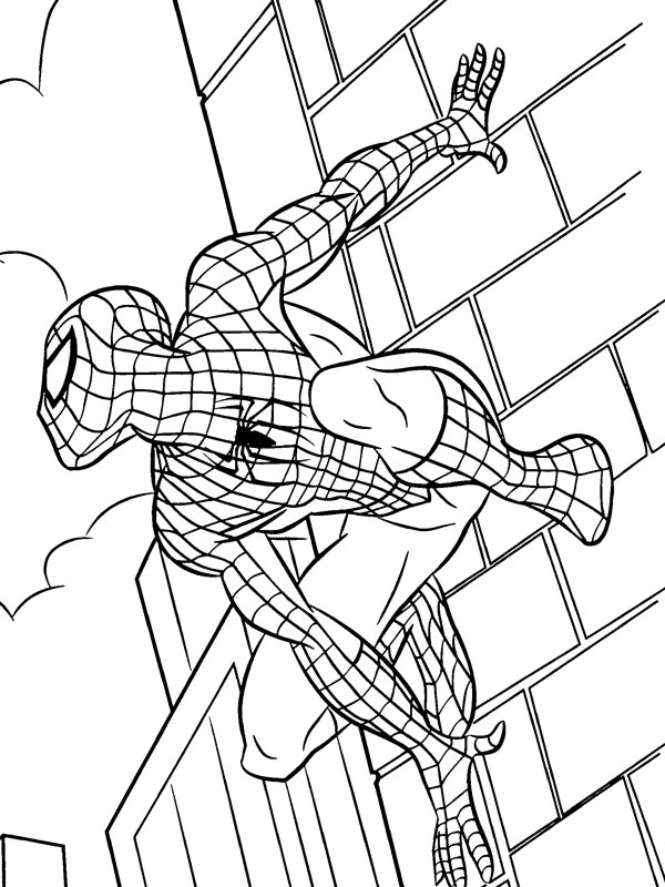 Spider Man grimpe sur un bâtiment Coloriage