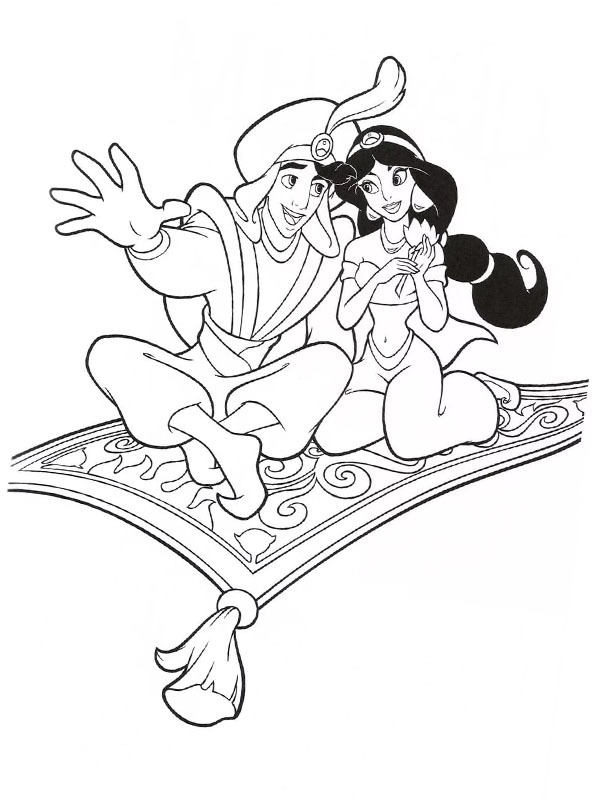 Coloriage Disney Princesses : Jasmin, de Aladin, sur le tapis