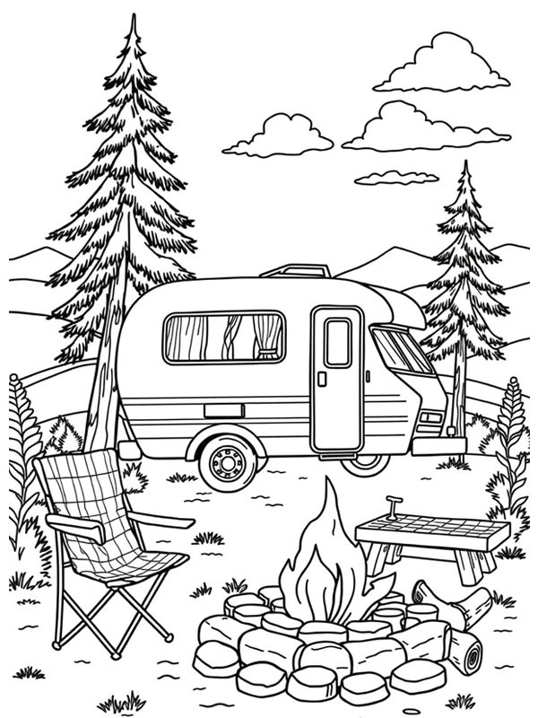 Caravane avec feu de camp Coloriage