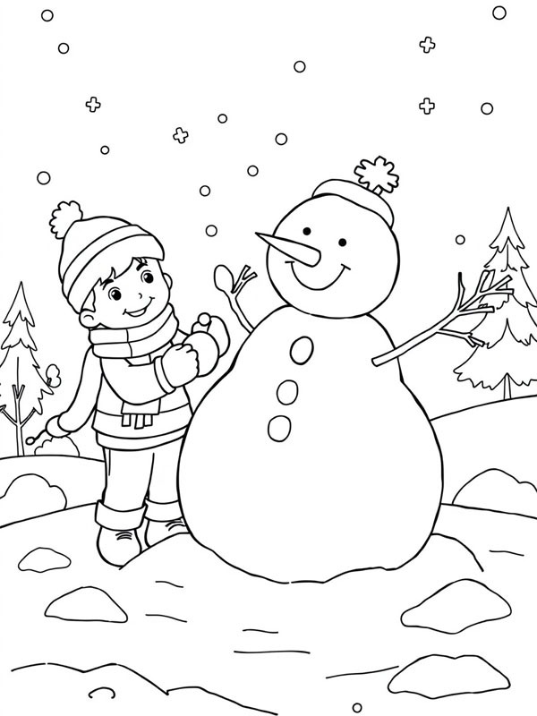 Un garçon fait un bonhomme de neige Coloriage Un garçon fait un bonhomme de neige Coloriage