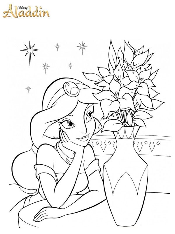 Jasmine regarde un vase de fleurs Coloriage