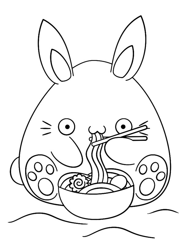 Le lapin Kawaii mange des nouilles Coloriage