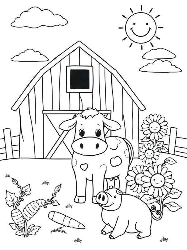 Vache et cochon à la ferme Coloriage