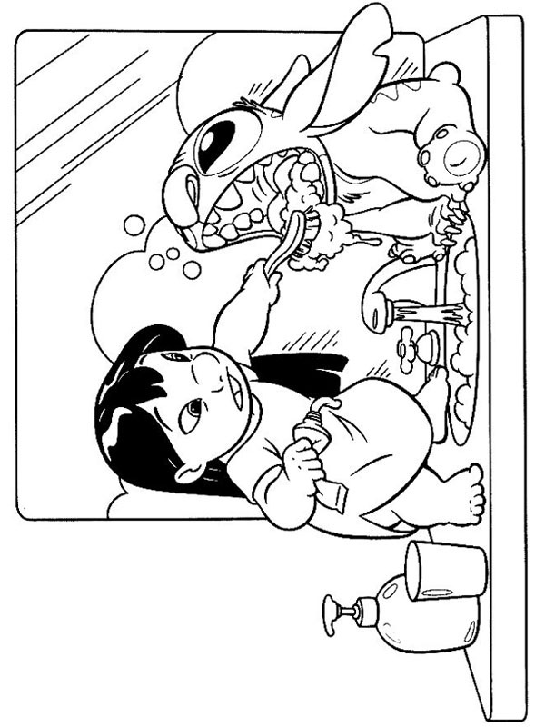 Lilo apprend à Stitch à se brosser les dents Coloriage