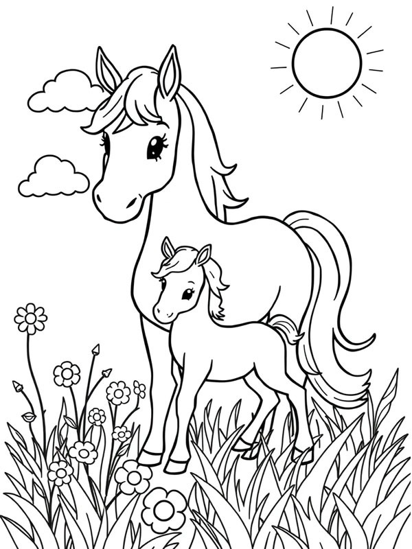 Cheval avec poulain Coloriage