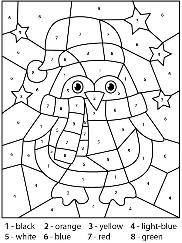 Pingouin avec bonnet de père Noël colorie par numéro Coloriage