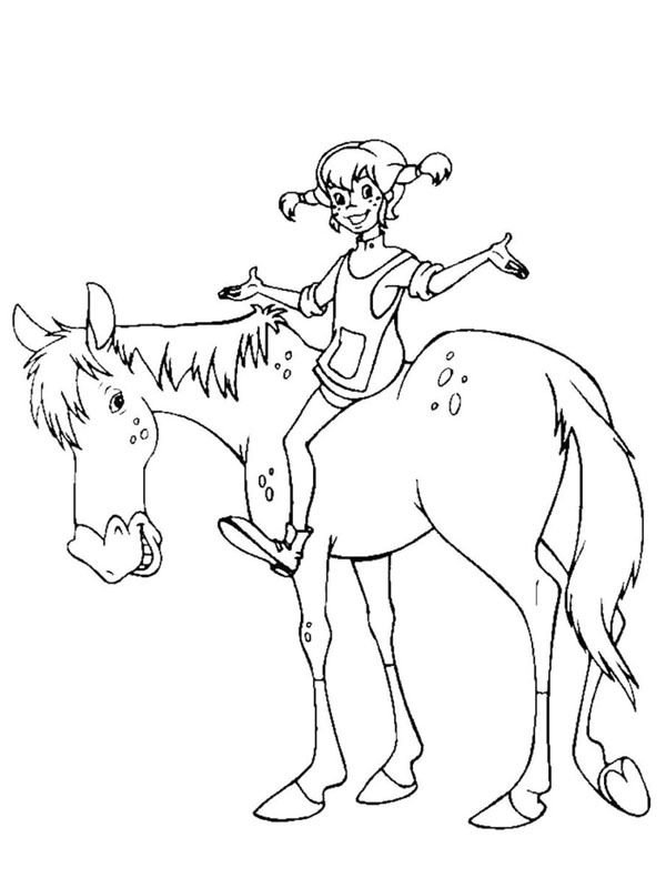 Pippi s'assoit sur le cheval Coloriage