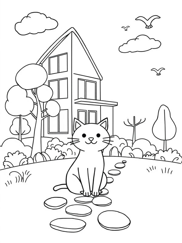 Chat dans le jardin Coloriage