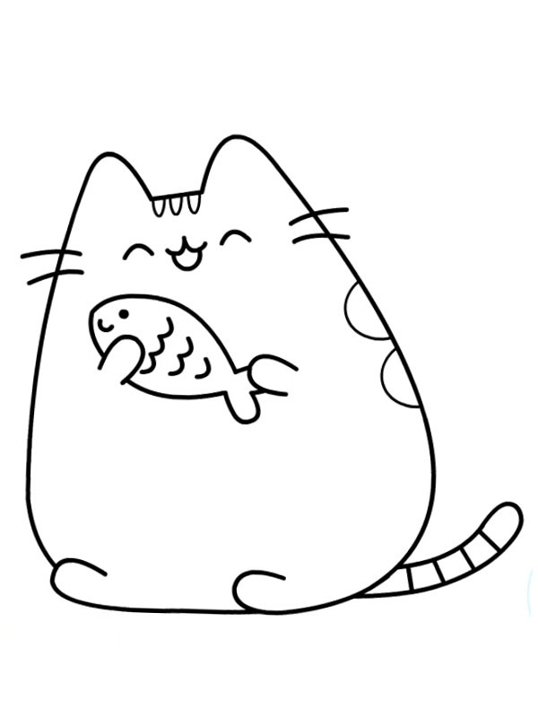 Pusheen avec poisson Coloriage