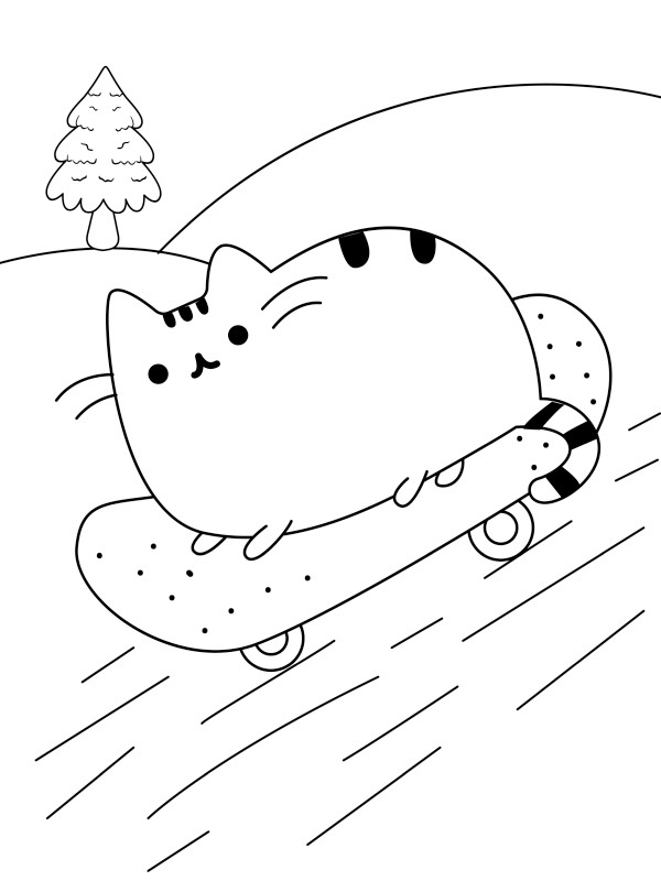 Pusheen sur un skateboard Coloriage