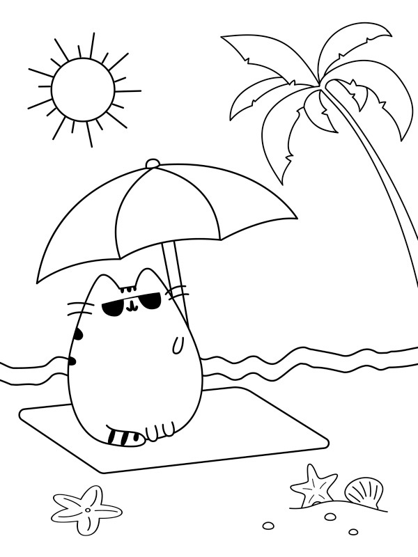 Pusheen sur la plage Coloriage