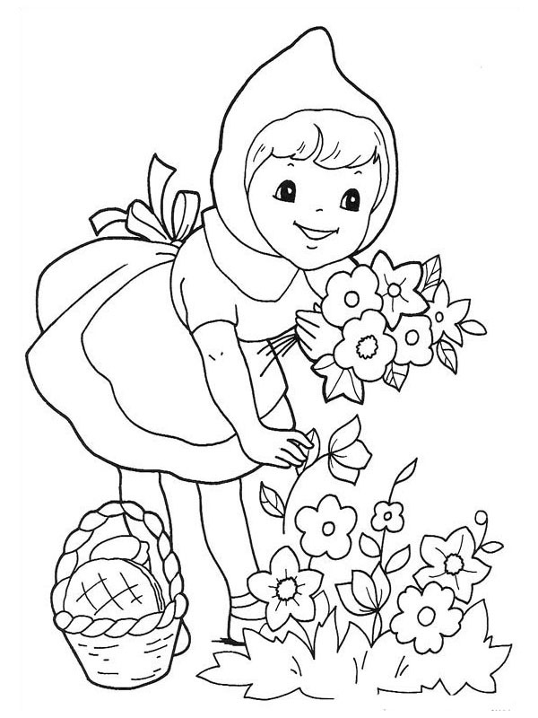 Le petit chaperon rouge cueille des fleurs Coloriage