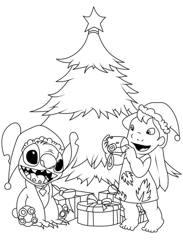 Stitch et Lilo près de l'arbre de Noël Coloriage