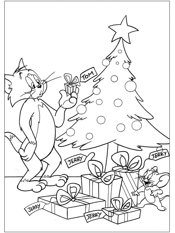 Tom et Jerry près du sapin de Noël Coloriage
