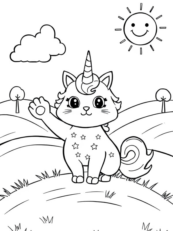 Chat licorne qui salue Coloriage